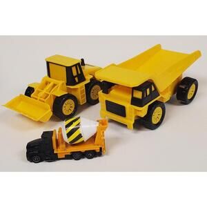 Lot of 3 Large Yellow Construction Vehicles Dump Truck, Loader & Cement Mixer